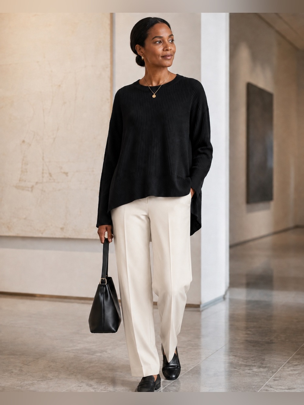 Eileen Fisher XS Black Extra Fine Merino Wool Ribbed High Low Sweater NWOT